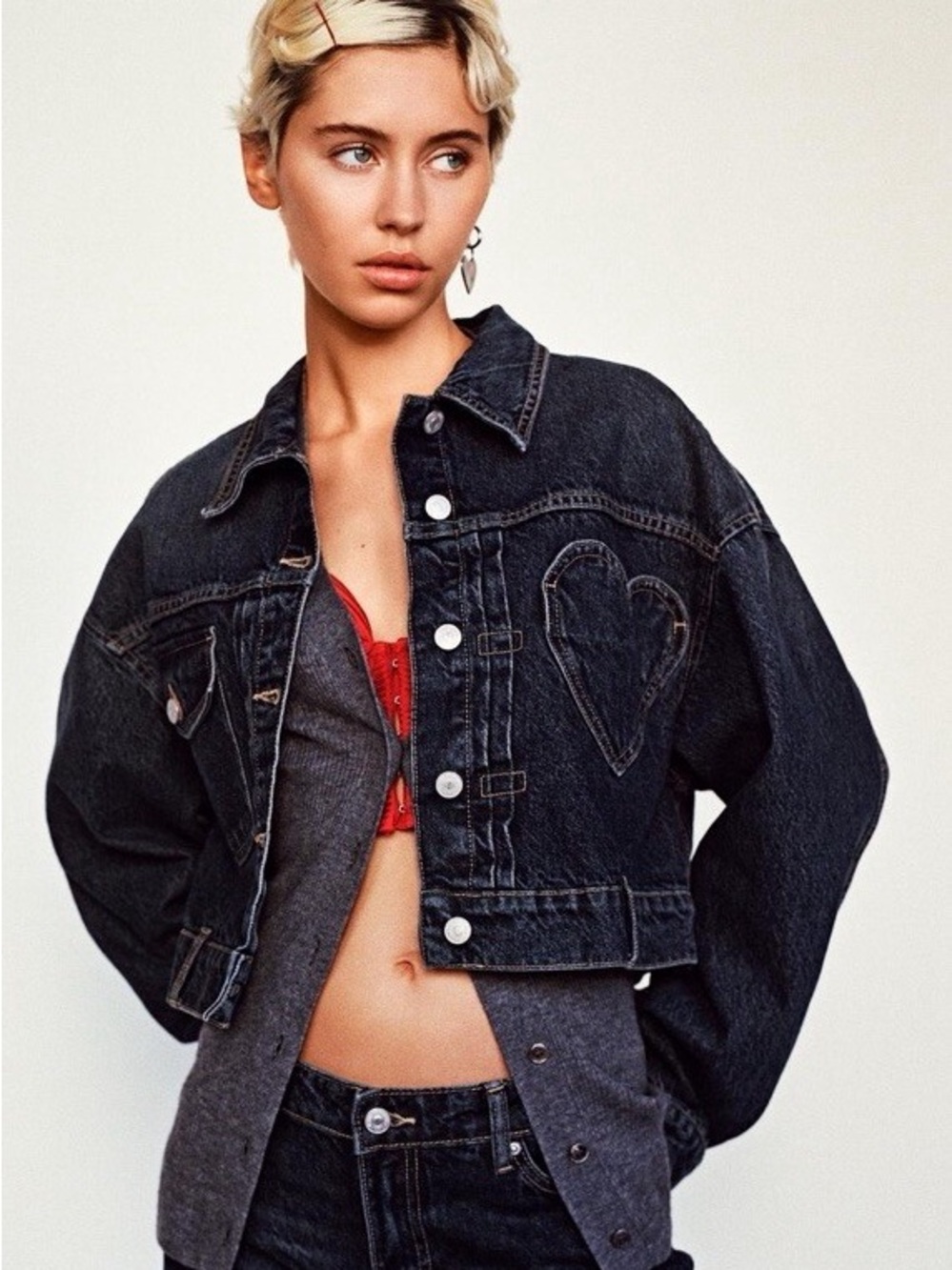 ZARA WOMAN NWT SS24 TRF DENIM JACKET WITH HEART NAVY BLUE 8197/003 XS